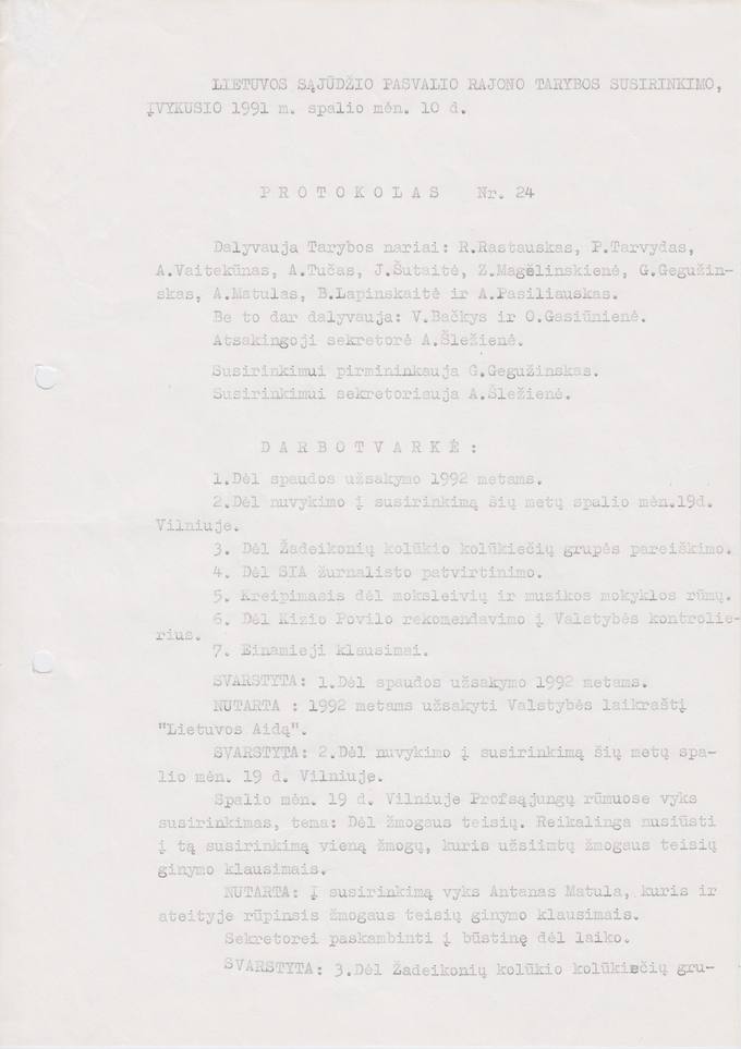 Lietuvos Sajūdžio Pasvalio rajono Tarybos susirinkimo, įvykusio 1991 m. spalio 10 d., PROTOKOLAS Nr. 24